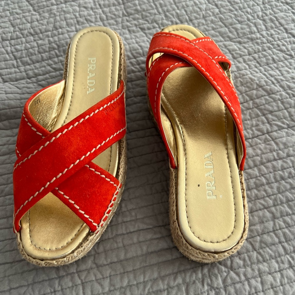 Prada 38.5 red suede espadrille sandals